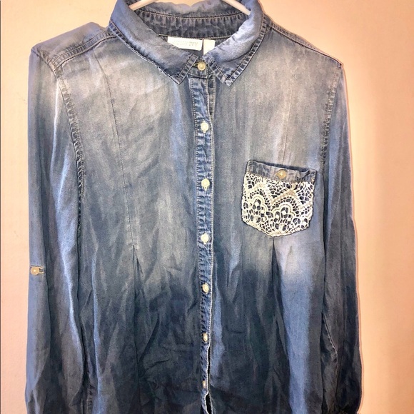 jun & ivy Tops - Lace Chambray Shirt